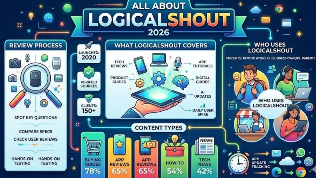 Latest News LogicalShout categories featuring technology, smartphones, business, finance, apps, and trending news organized in a user-friendly digital news interface.