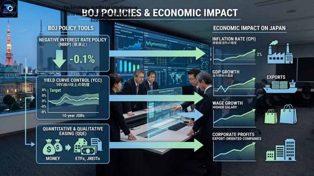 Bank of Japan policies influencing interest rates, inflation, the Japanese yen, and overall economic growth.