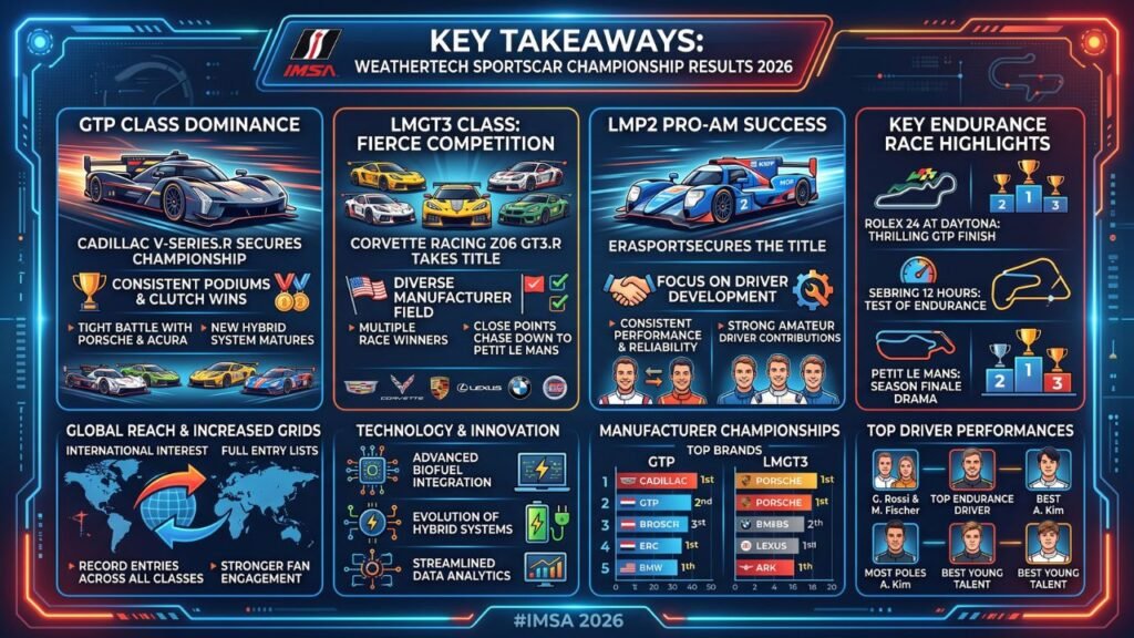 Winning IMSA teams and race cars celebrating the key results of the 2026 WeatherTech SportsCar Championship.