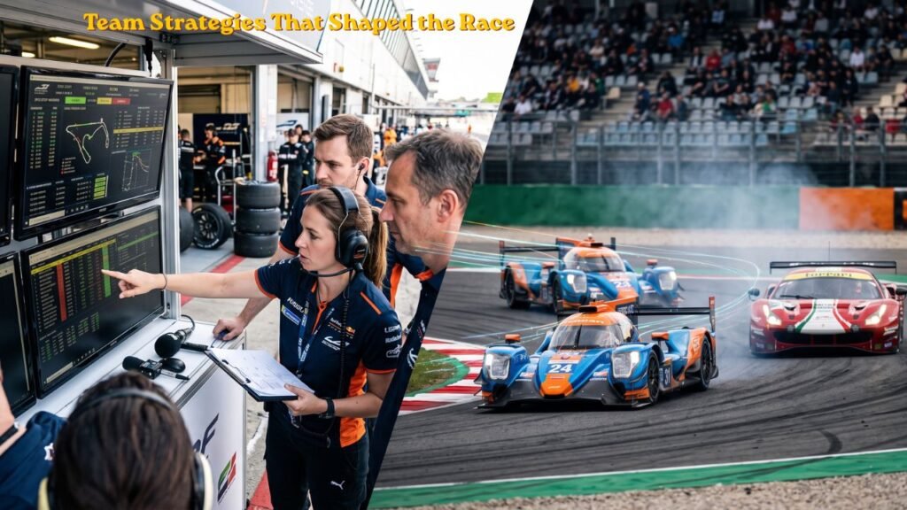 Formula 1 team strategists planning race tactics during a high-stakes Grand Prix.